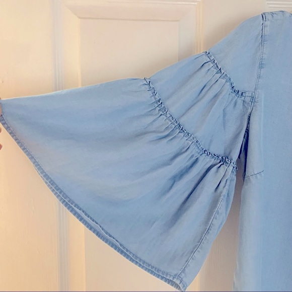 J.Jill Bell Ruffle Sleeve Top Shirt Blouse Chambray Denim Blue Small Petite - Picture 13 of 15